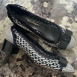 Salvatore Ferragamo Woven Leather Black and White Low Chink Heel Pumps